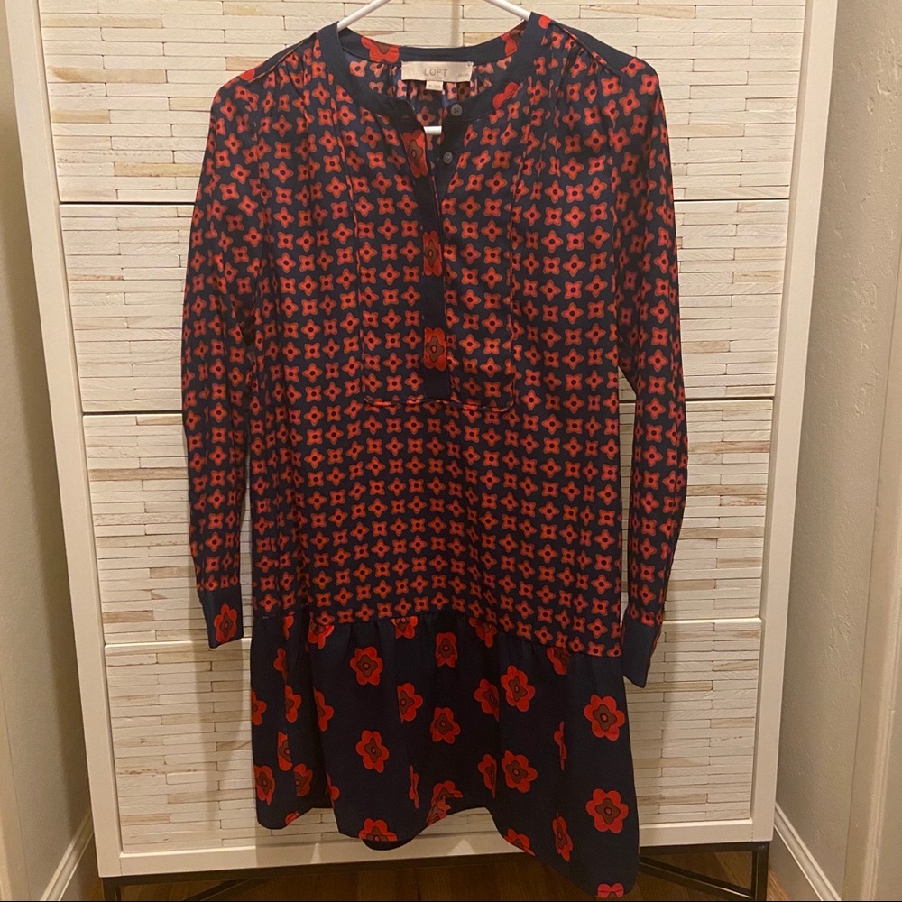LOFT petite red blue long-sleeve shirt dress